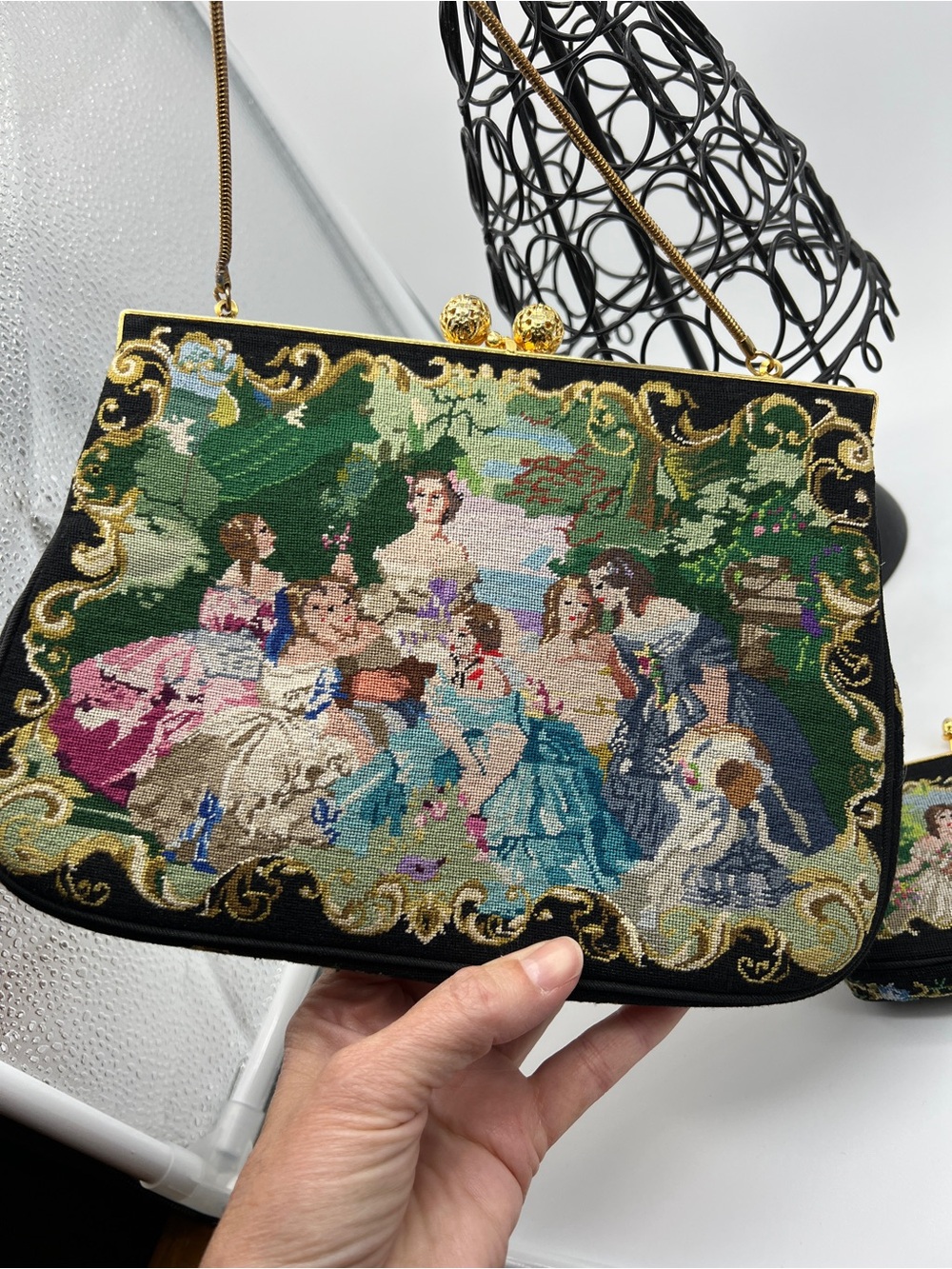 Vintage Tapestry Handbag & Matching Coin Purse Kiss Lock Gold Tone Chain - Picture 3 of 11